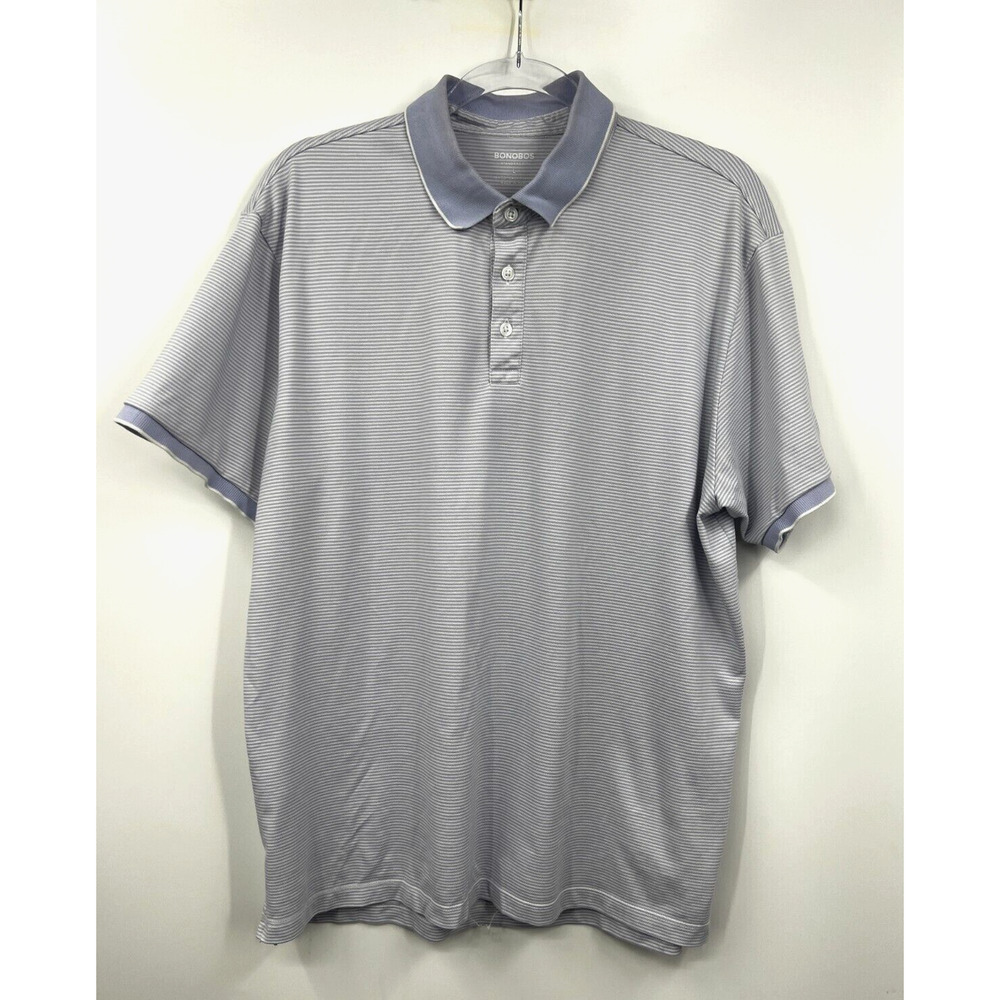 Bonobos Shirt Mens Polo Stripped Blue and White Short Sleeve Collared Large